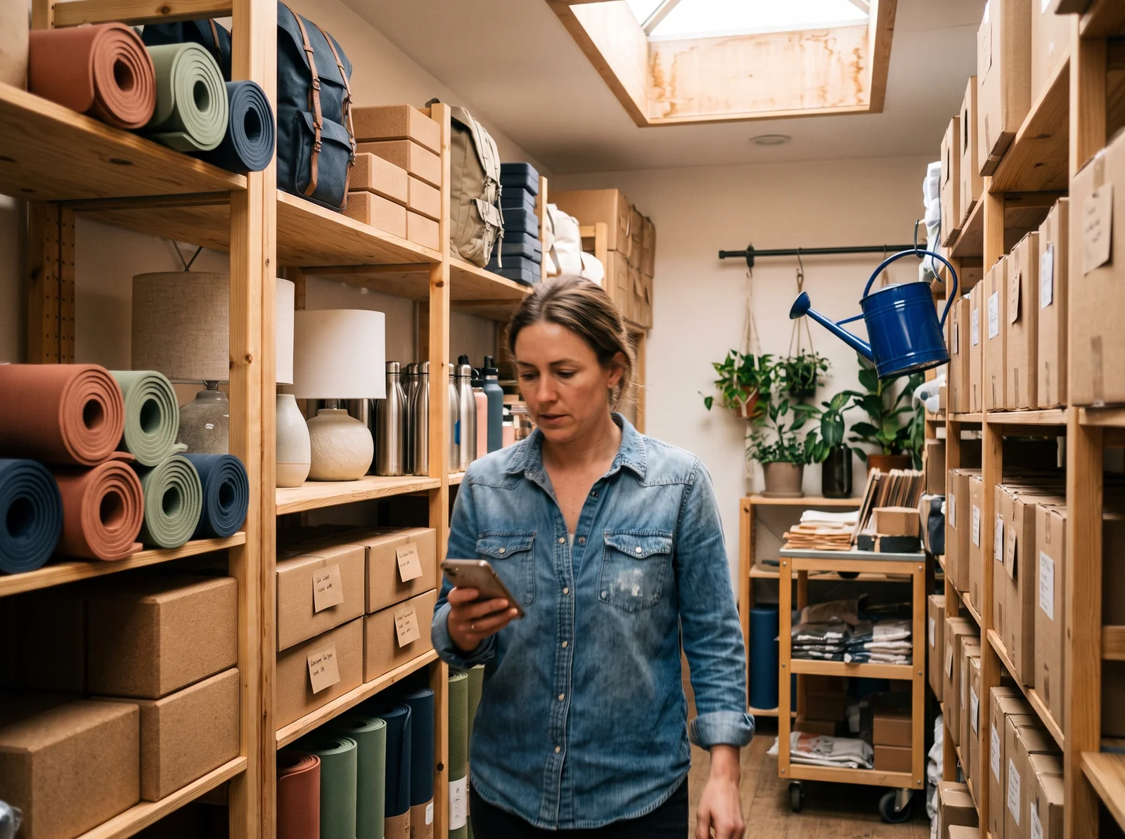 De winkelier loopt door een gangpad van haar magazijn terwijl ze haar telefoon leest, planken met opgerolde yogamatten, kurkblokken, lampen, rugzakken en waterflessen naast haar