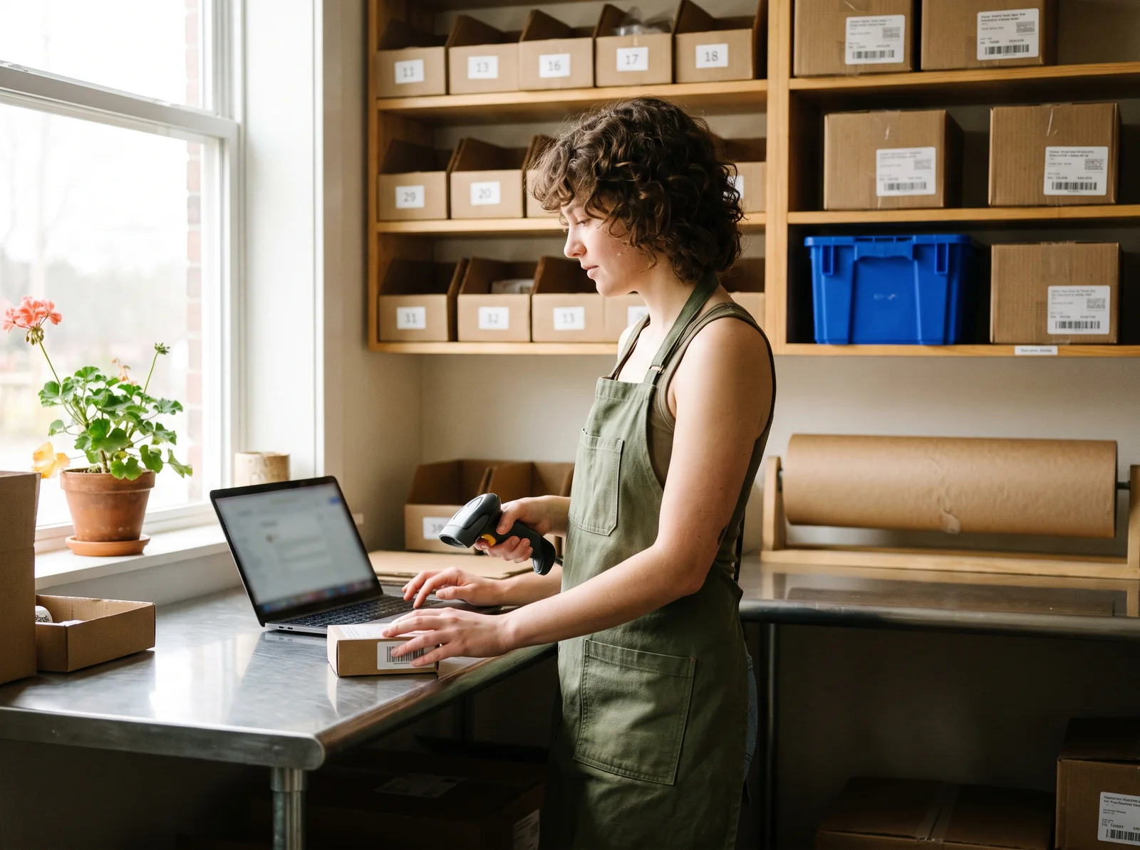 Een winkelier in haar inpakruimte, die aan een stalen tafel de streepjescode op een productdoos scant, een laptop open naast haar en genummerde bakken op de planken achter haar