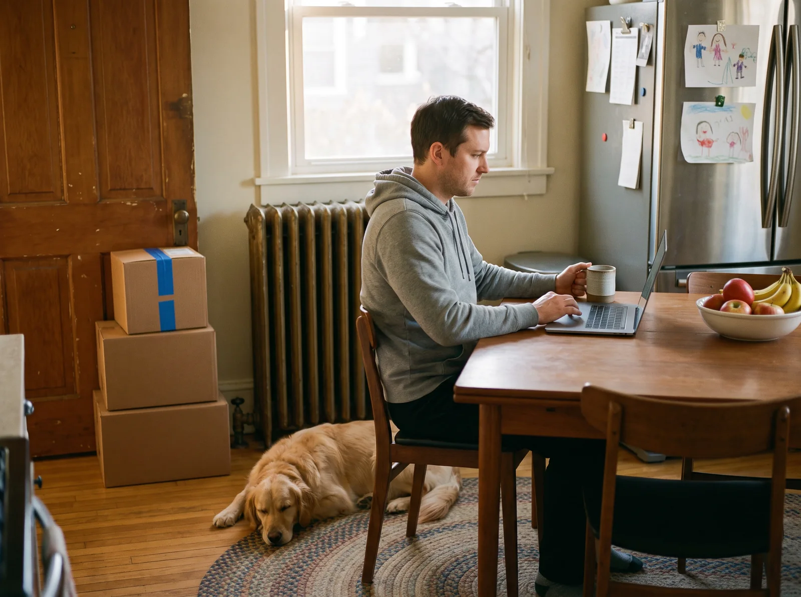 Een winkelier aan zijn keukentafel bij het ochtendgloren, een mok thee in de hand en een laptop voor zich, gestapelde pakketten bij de deur achter hem en zijn hond slapend op het kleed