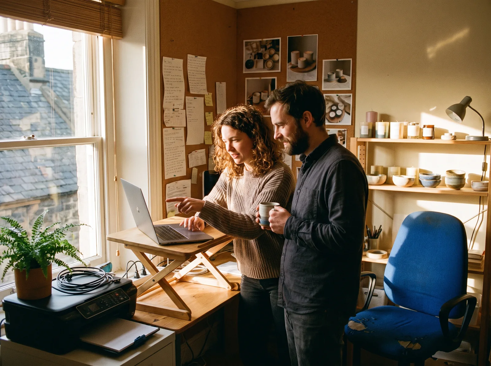 Twee collega's aan &eacute;&eacute;n laptop op het kantoor van hun winkel, zij wijst naar een prijs op het scherm en hij kijkt toe met een mok in zijn hand