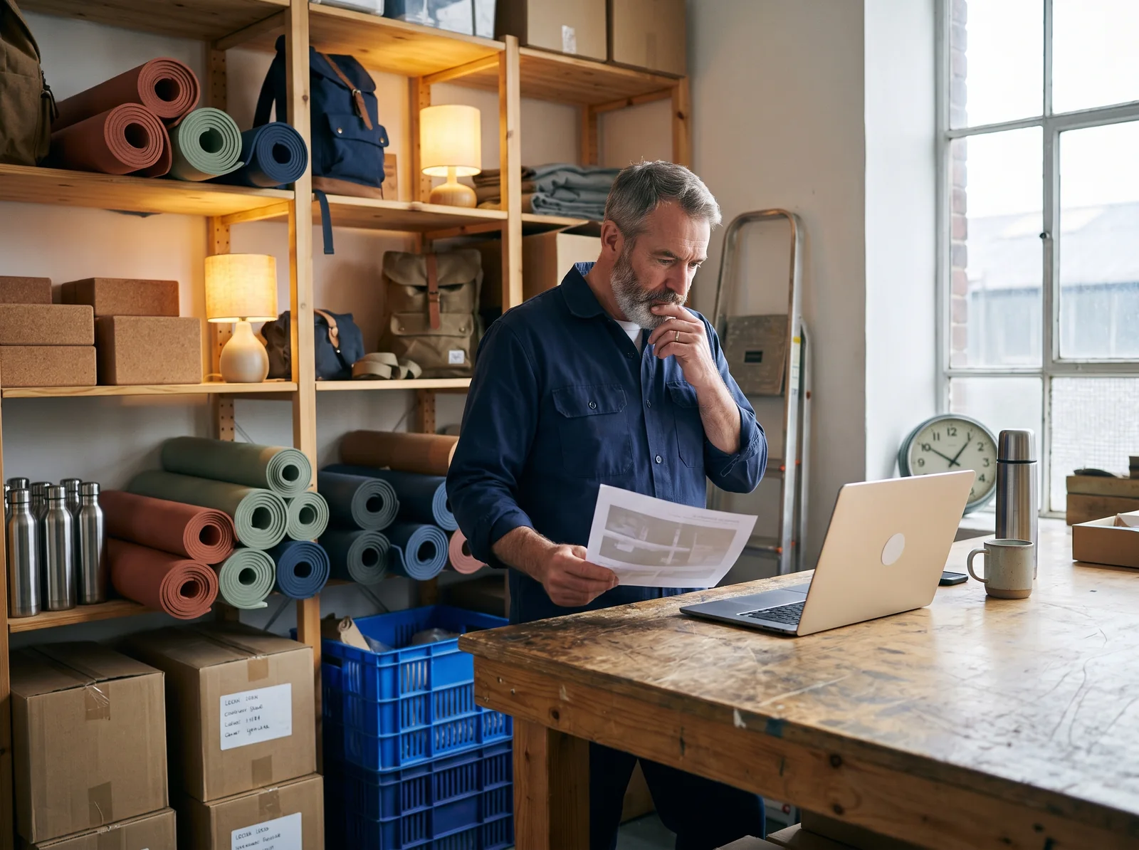 De eigenaar van de voorbeeldshop in zijn magazijn, een geprinte prijslijst in de hand en een laptop open op de werkbank, opgerolde yogamatten, kurkblokken, rugzakken, lampen en waterflessen op de planken achter hem