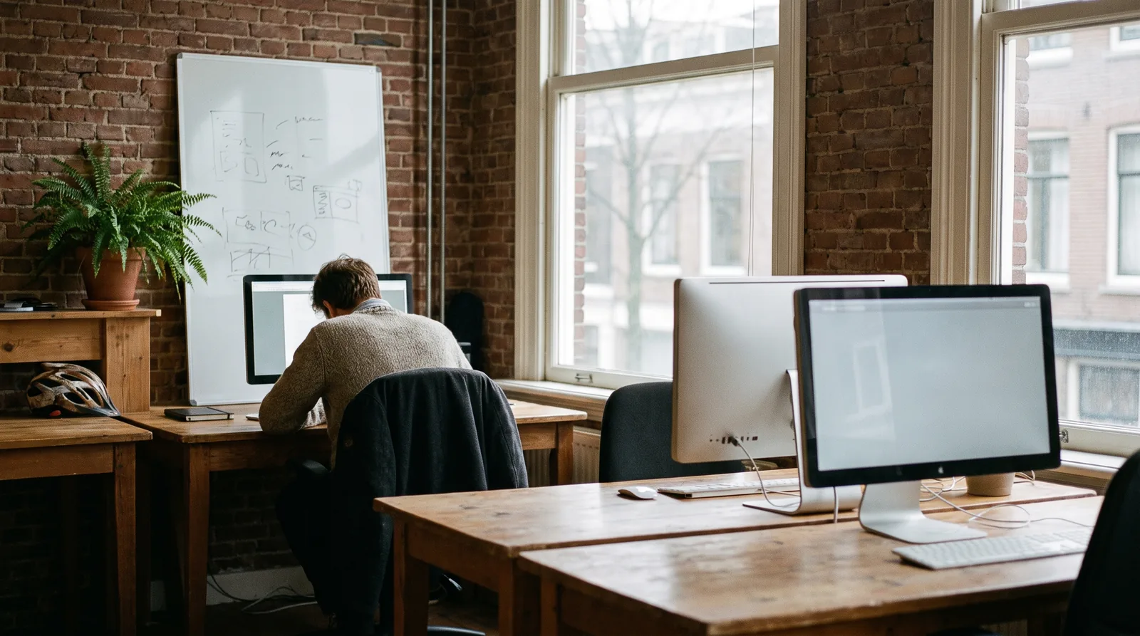 Een klein softwarekantoor met drie houten bureaus, schermen met een eenvoudige webapp, één persoon op de rug gezien