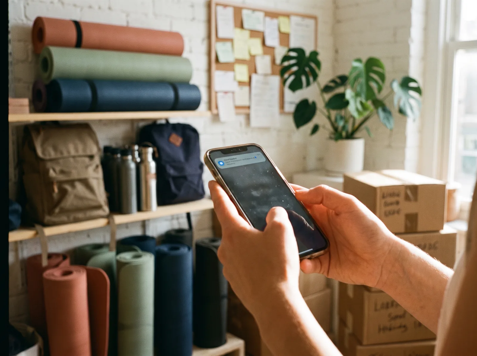 Twee handen met een telefoon tussen de stellingen van de studio, één melding bovenaan het scherm