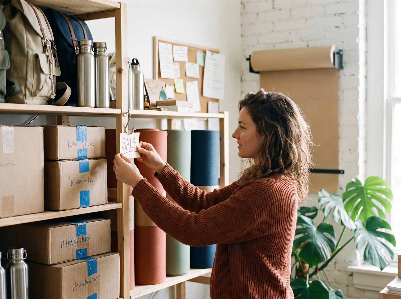 De winkelier hangt een handgeschreven salekaartje aan een haak naast de opgerolde yogamatten in haar studio