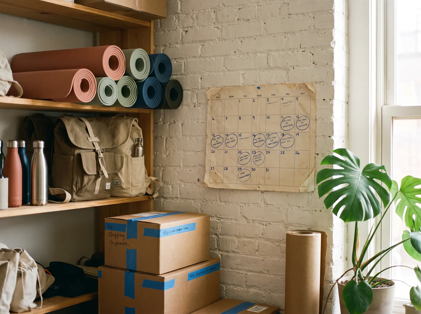 Een papieren wandkalender aan de studiomuur met op elke dag een getal en een paar dagen blauw omcirkeld