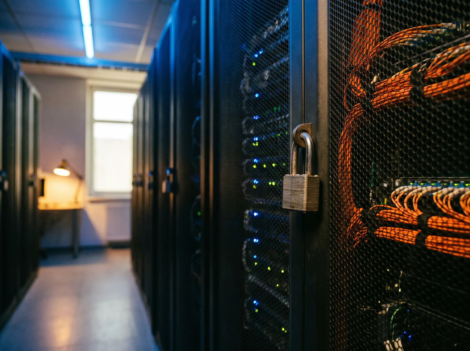 Een afgesloten serverkooi in een datacenter, rijen servers met kleine statuslampjes en gebundelde oranje glasvezelkabels