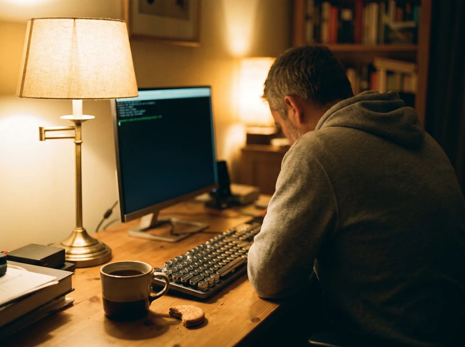 Laat op de avond aan een bureau thuis: een scherm met een donker terminalvenster, een toetsenbord en een koude mok koffie
