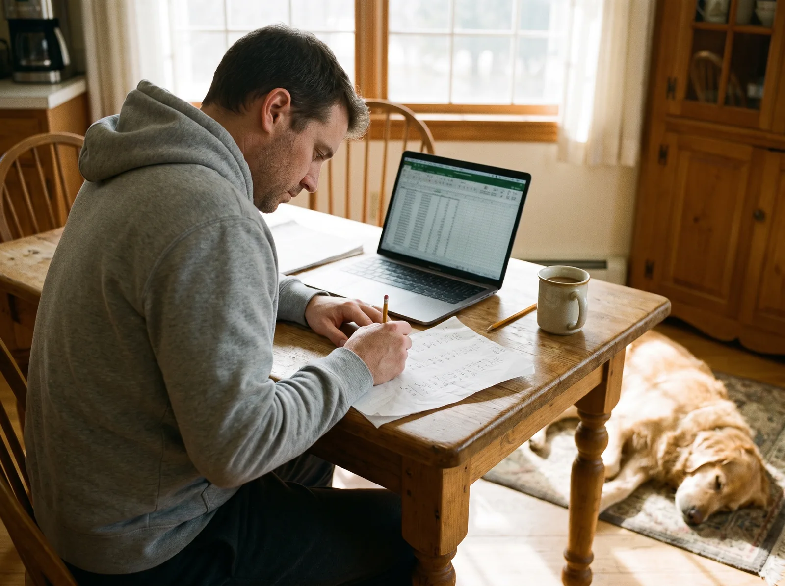 Een keukentafel met een laptop met een spreadsheet, een vel handgeschreven prijzen, een potlood en een mok koffie, een slapende hond erachter