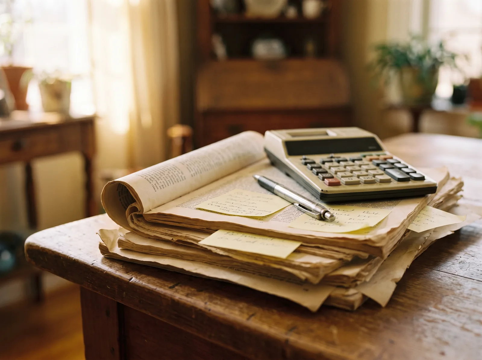 Een stapel uitgeprinte spreadsheetpagina’s vol gele plakbriefjes, met een pen en een oude rekenmachine erbovenop