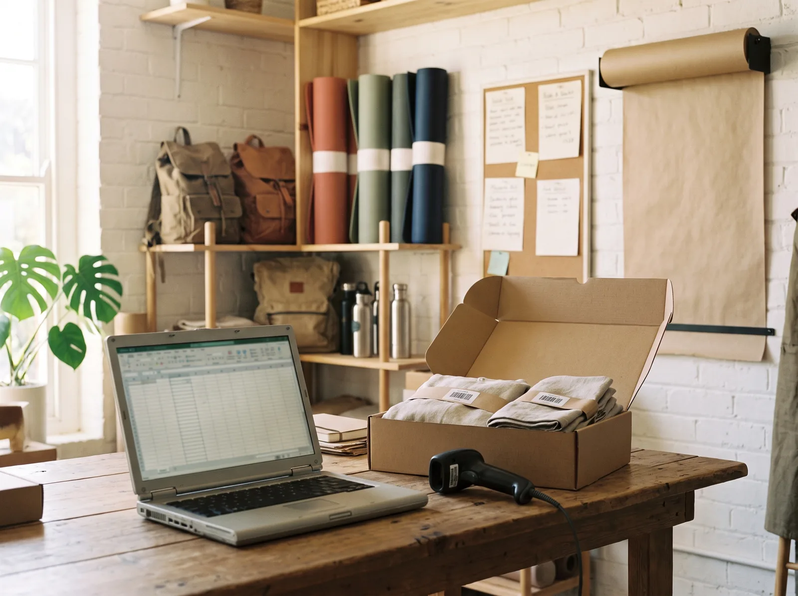 Een laptop met een spreadsheet naast een open doos producten met barcodestickers en een handscanner