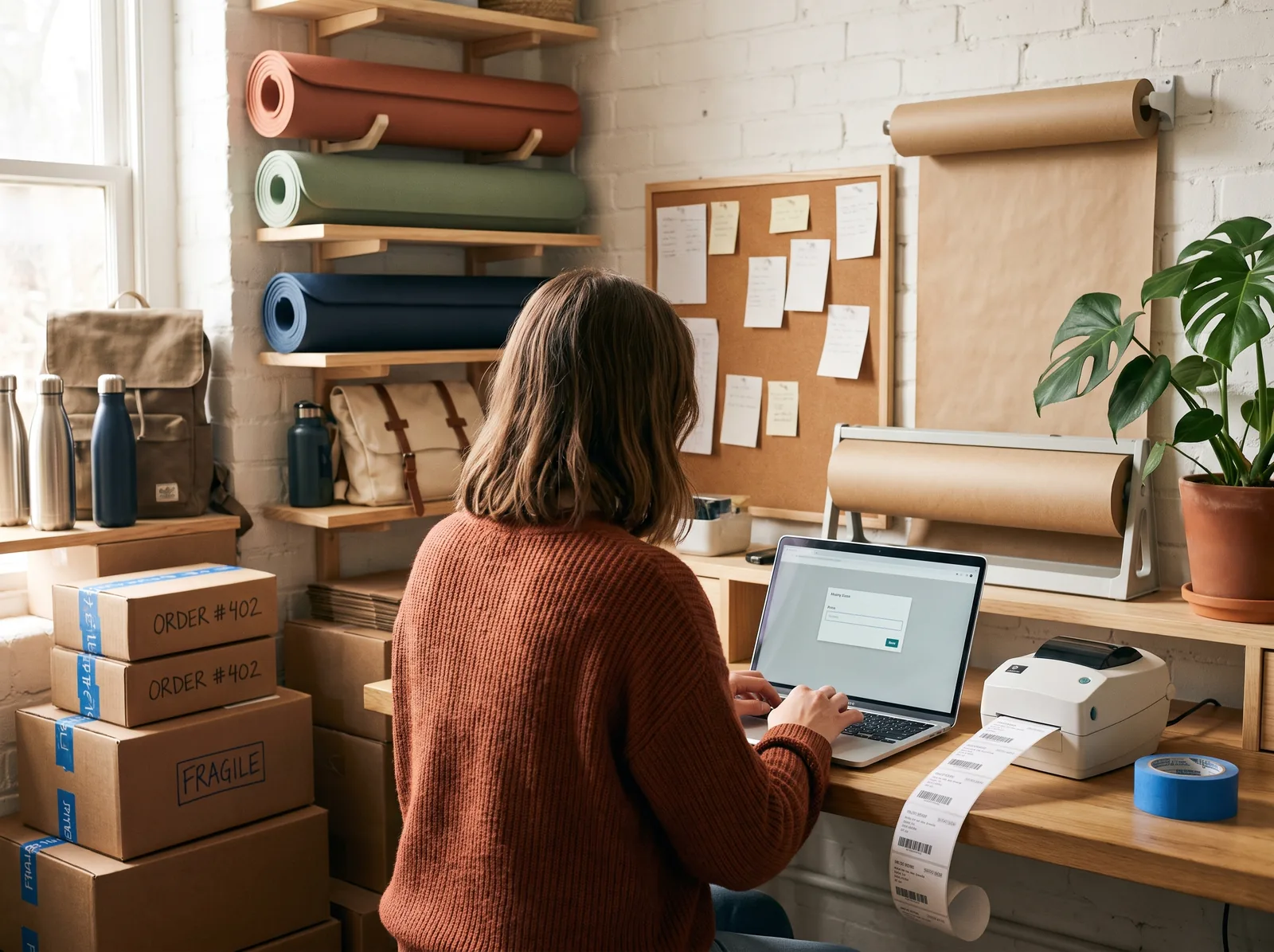 De winkelier typt een nieuwe prijs in het beheer van haar shop op de laptop, met een labelprinter en een rol blauwe tape naast zich
