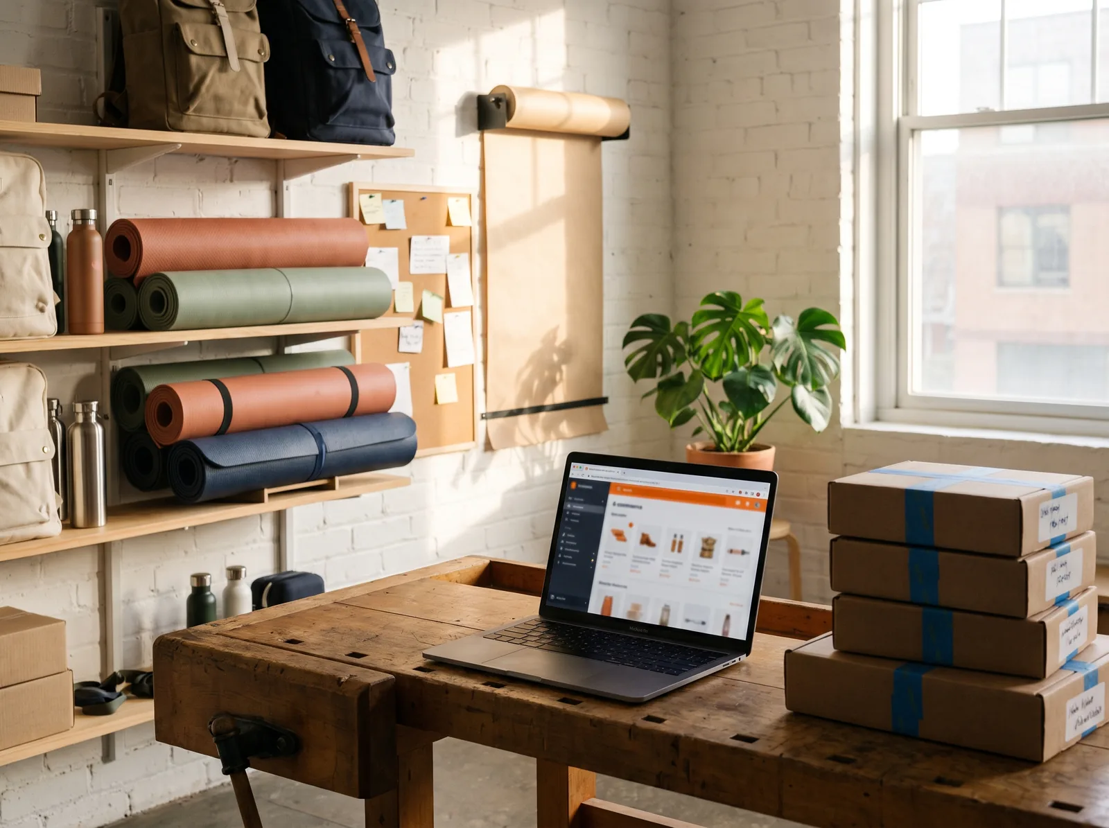 Een laptop op de werkbank van de studio met een shopbeheer met oranje accent, een productraster met kleine miniaturen