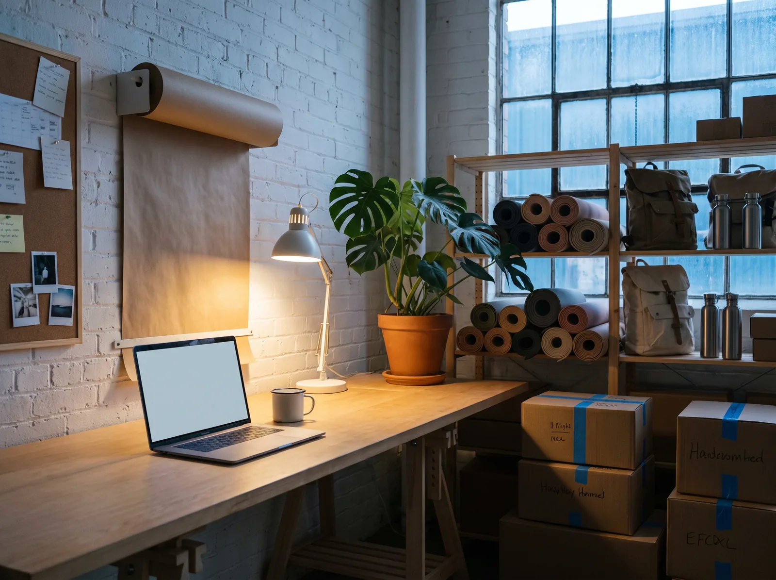 De studio om zes uur ’s ochtends, nog niemand aanwezig: een open laptop op de lege werkbank, één bureaulamp aan, blauw licht in het raam
