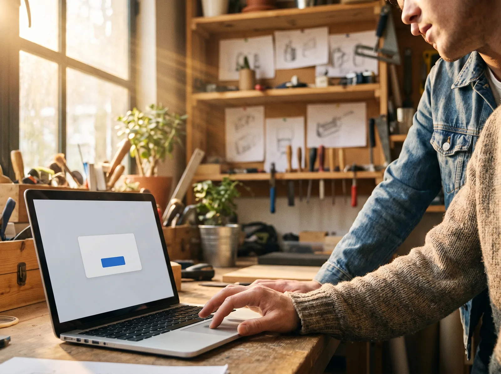 Een hand op het trackpad van een laptop met één voorstelkaart en een blauwe knop, een collega buigt zich erover