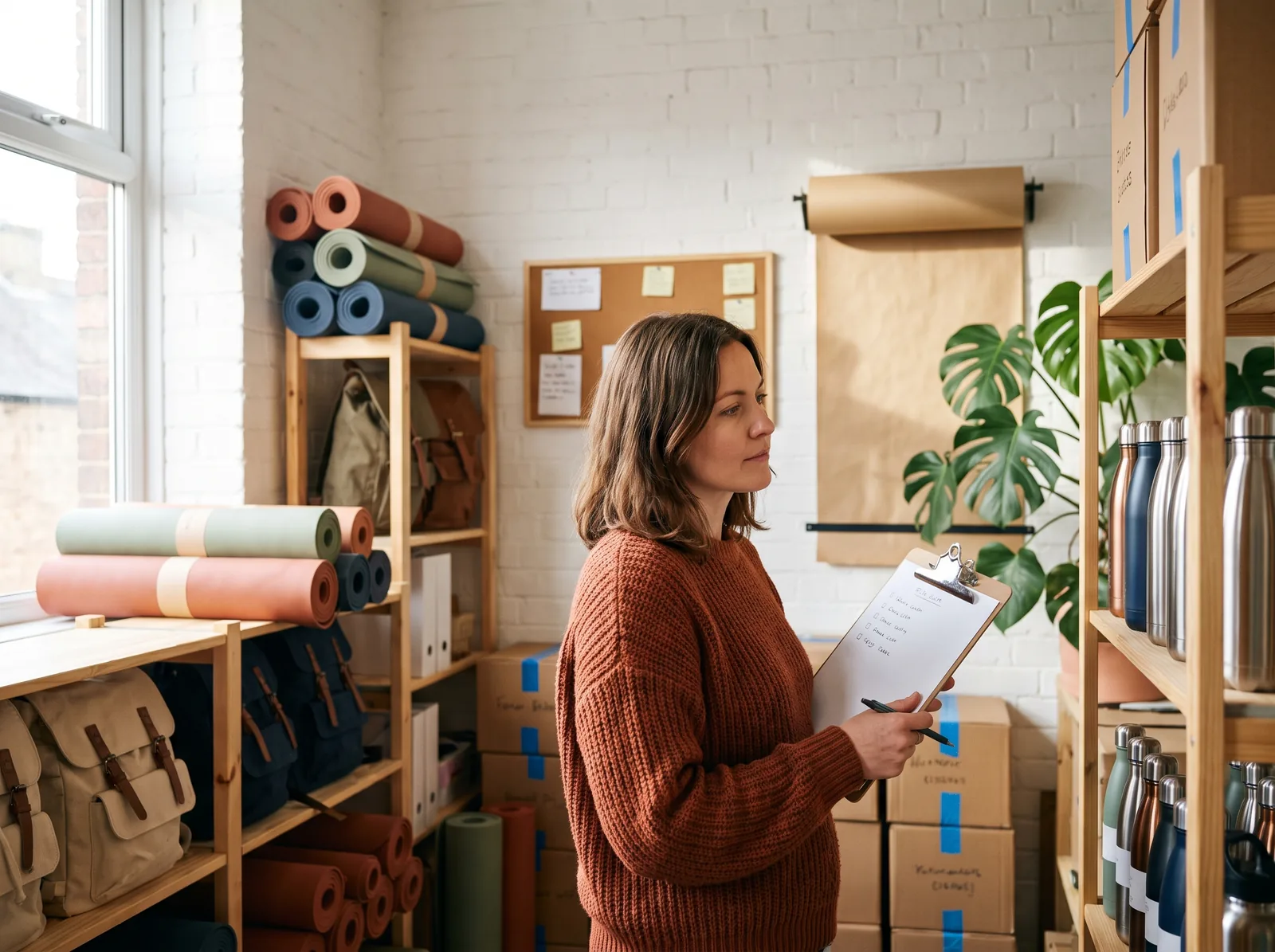 De winkelier alleen in haar magazijn met een klembord, kijkend naar het schap met waterflessen, en beslist
