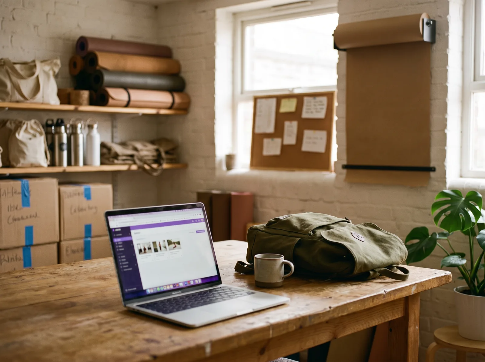Een laptop op de werkbank van de studio met een shopbeheer met paars accent, een productlijst met kleine miniaturen