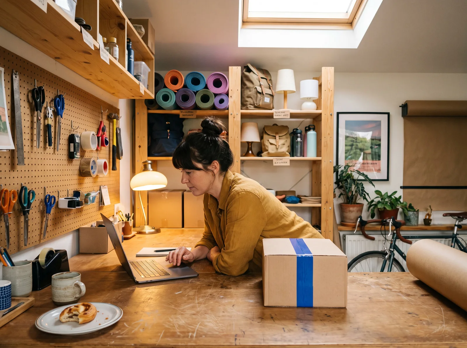 Een webshopeigenaar in haar studio, laptop open op de werkbank, yogamatten en rugzakken op de planken, een doos met blauwe tape voor haar